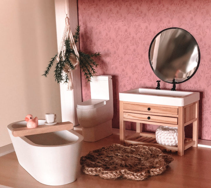 Double Faucet Bathroom Vanity | Natural Wood & White
