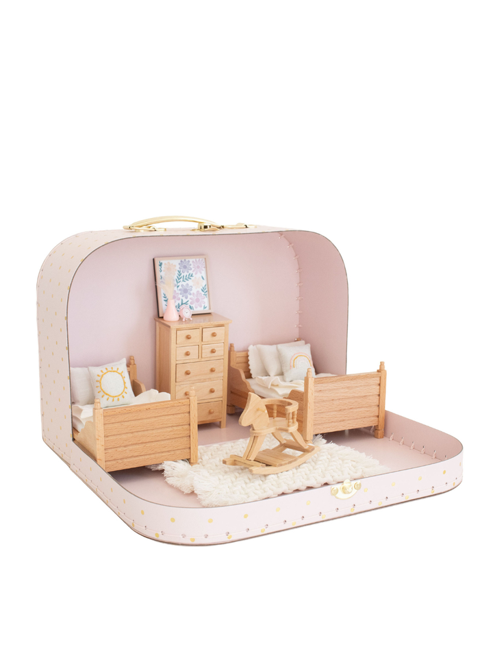Large Suitcase Traveling Dollhouse Room | Pink Polka Dots