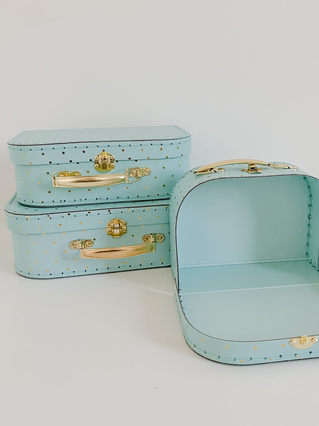 Medium Suitcase Dollhouse Room | Blue w Gold Polkadots