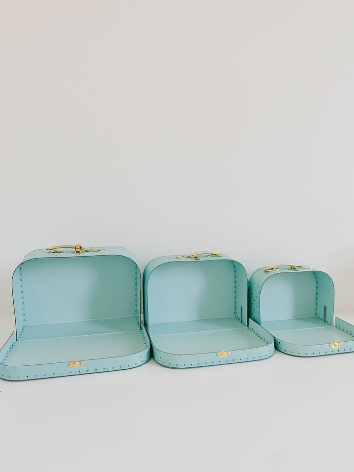 Medium Suitcase Dollhouse Room | Blue w Gold Polkadots