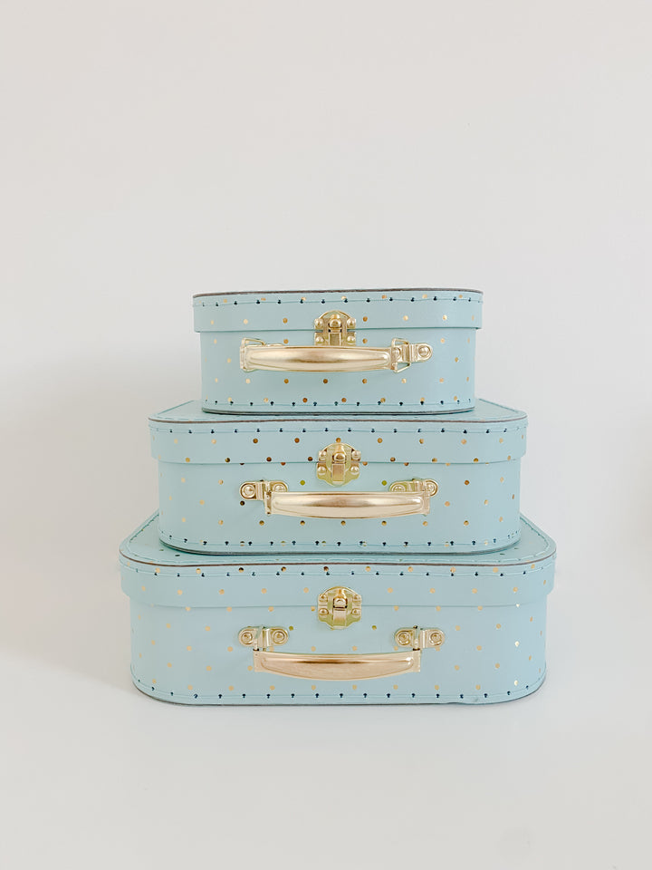 Small Suitcase Dollhouse Room | Blue w Gold Polkadots