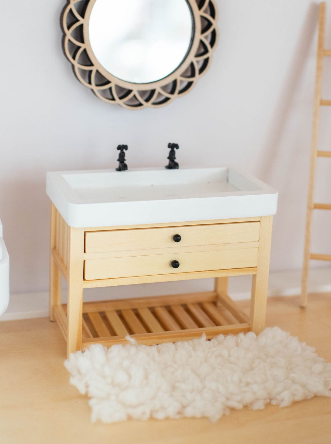 *PREORDER* Double Faucet Bathroom Vanity | Natural Wood & White
