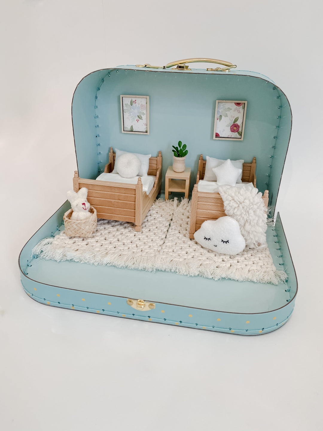 Large Suitcase Dollhouse Room | Blue w Gold Polkadots