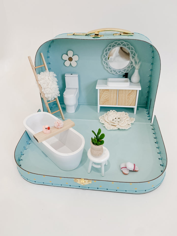 Medium Suitcase Dollhouse Room | Blue w Gold Polkadots