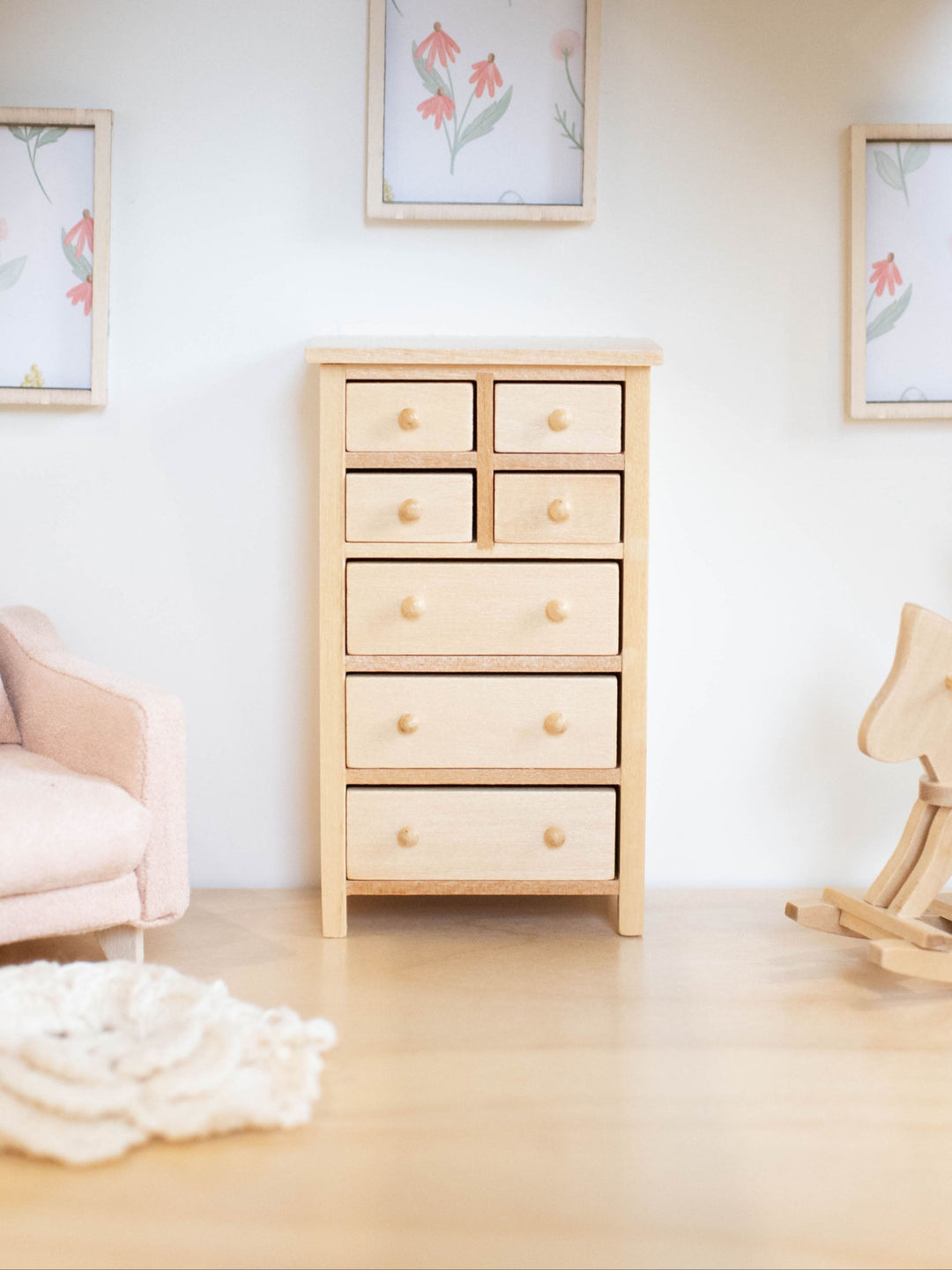 Dollhouse 7 Drawer Tall Dresser | Natural Wood Knobs Dollhouse 7 Drawer Tall Dresser | Natural Wood Knobs