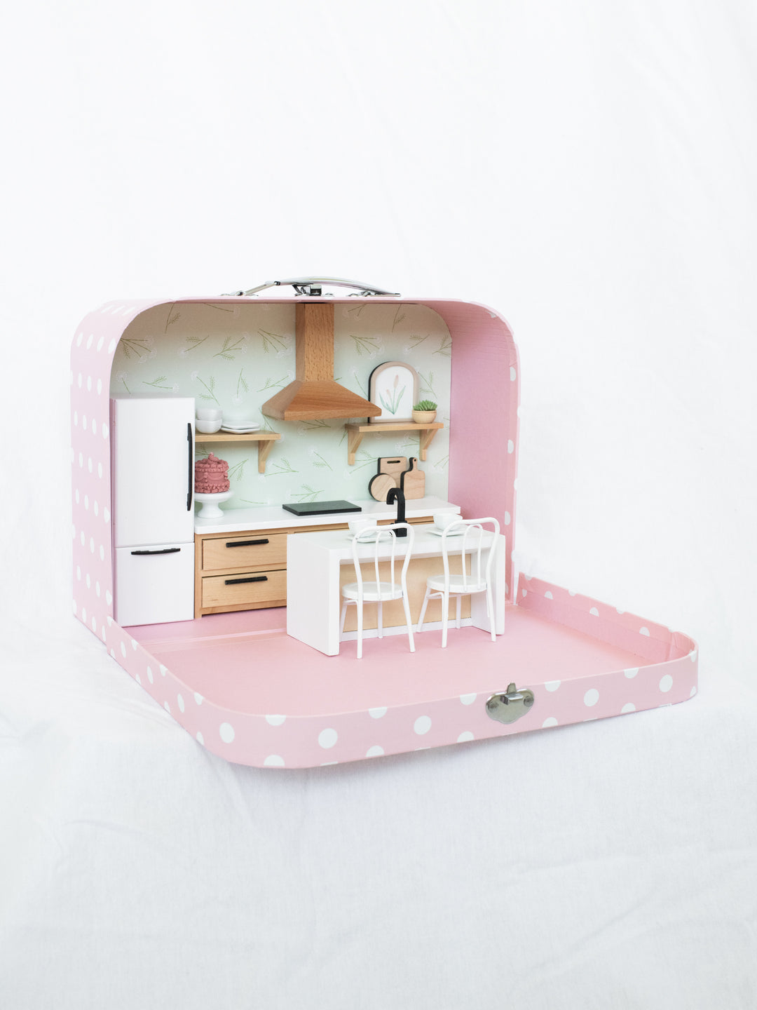 Large Suitcase Traveling Dollhouse Room | Pink Polka Dots