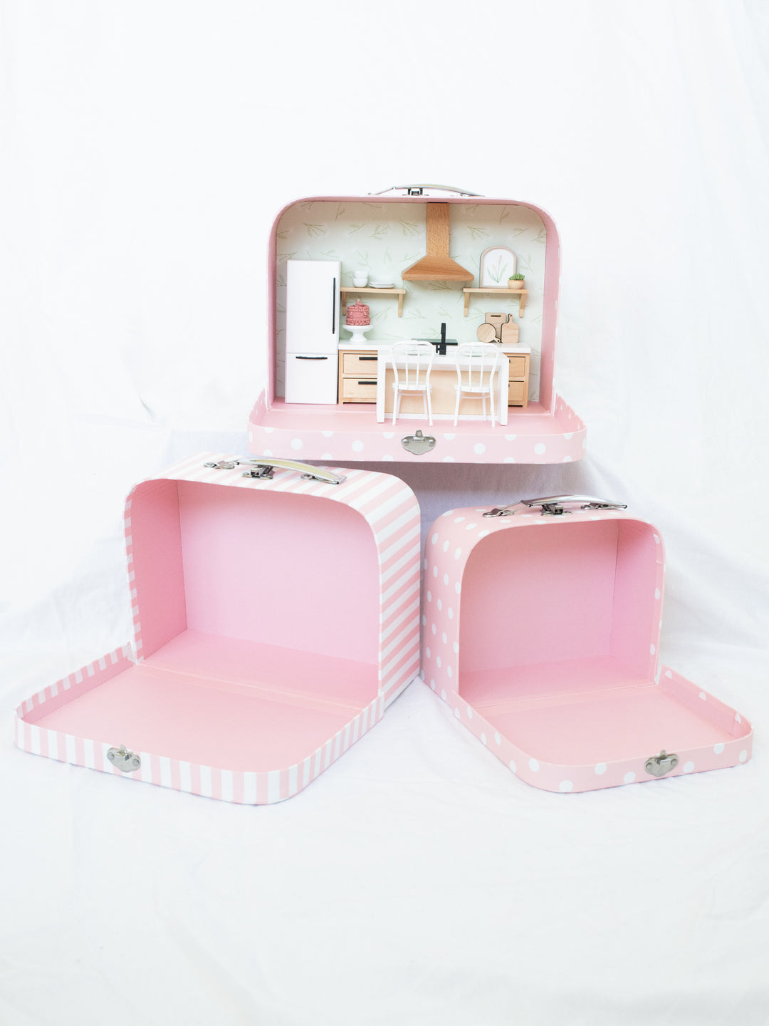 Large Suitcase Traveling Dollhouse Room | Pink Polka Dots