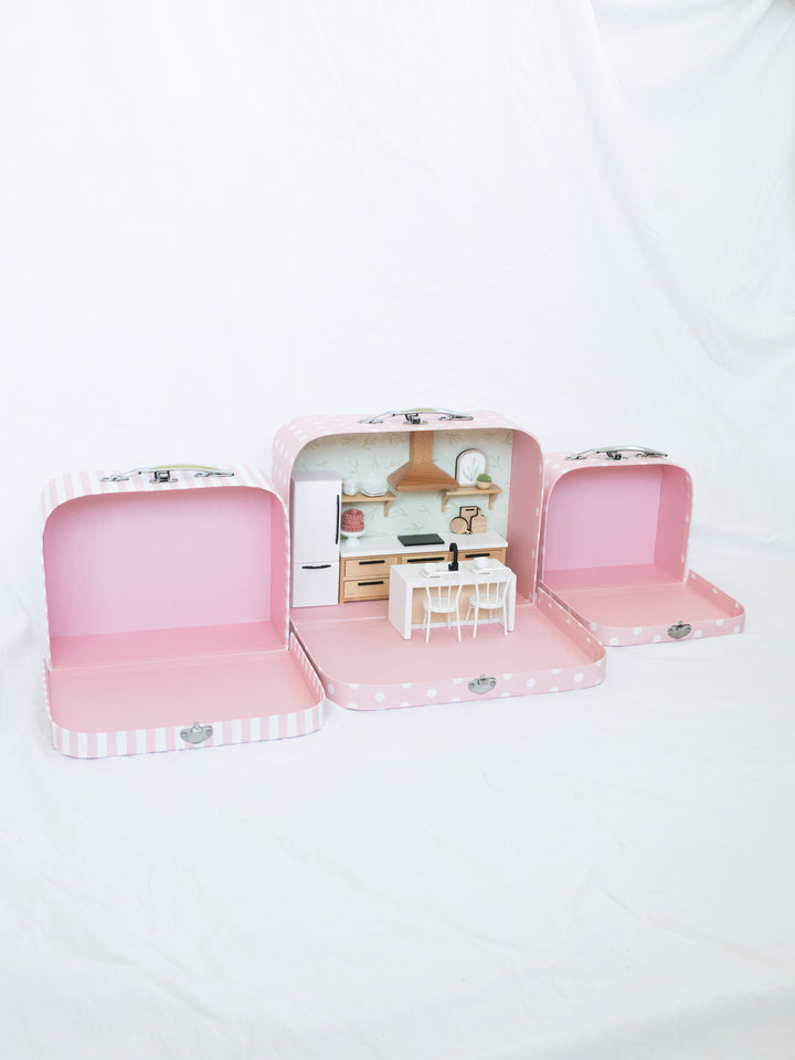 Large Suitcase Traveling Dollhouse Room | Pink Polka Dots
