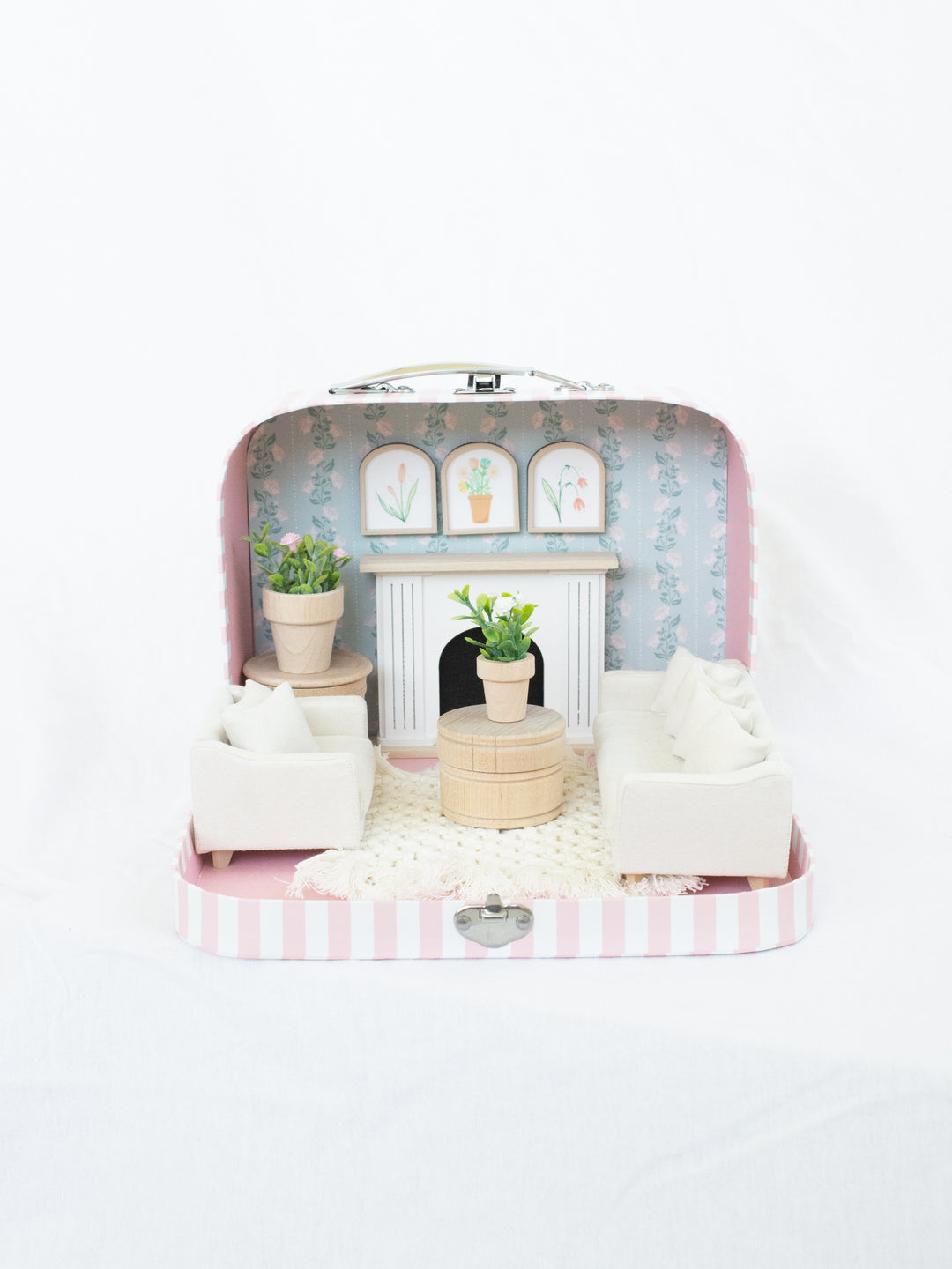 Large Suitcase Traveling Dollhouse Room | Pink Polka Dots