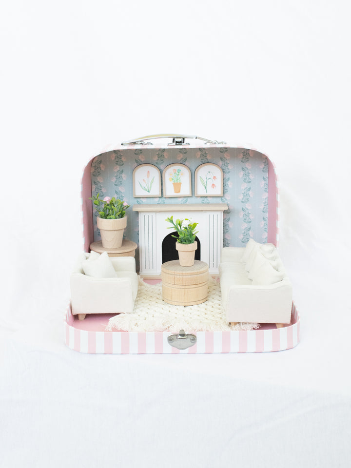 Large Suitcase Traveling Dollhouse Room | Pink Polka Dots