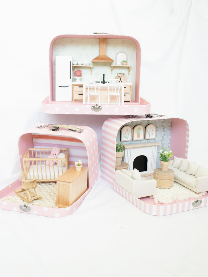 Large Suitcase Traveling Dollhouse Room | Pink Polka Dots