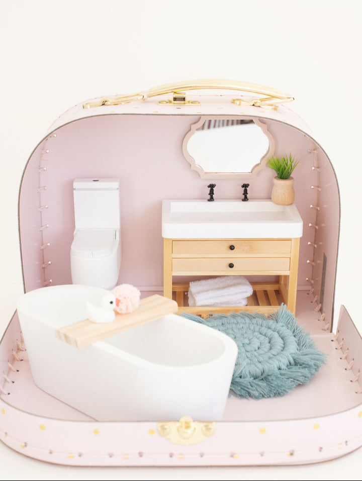 Small Suitcase Traveling Dollhouse Room | Pink Polka Dots