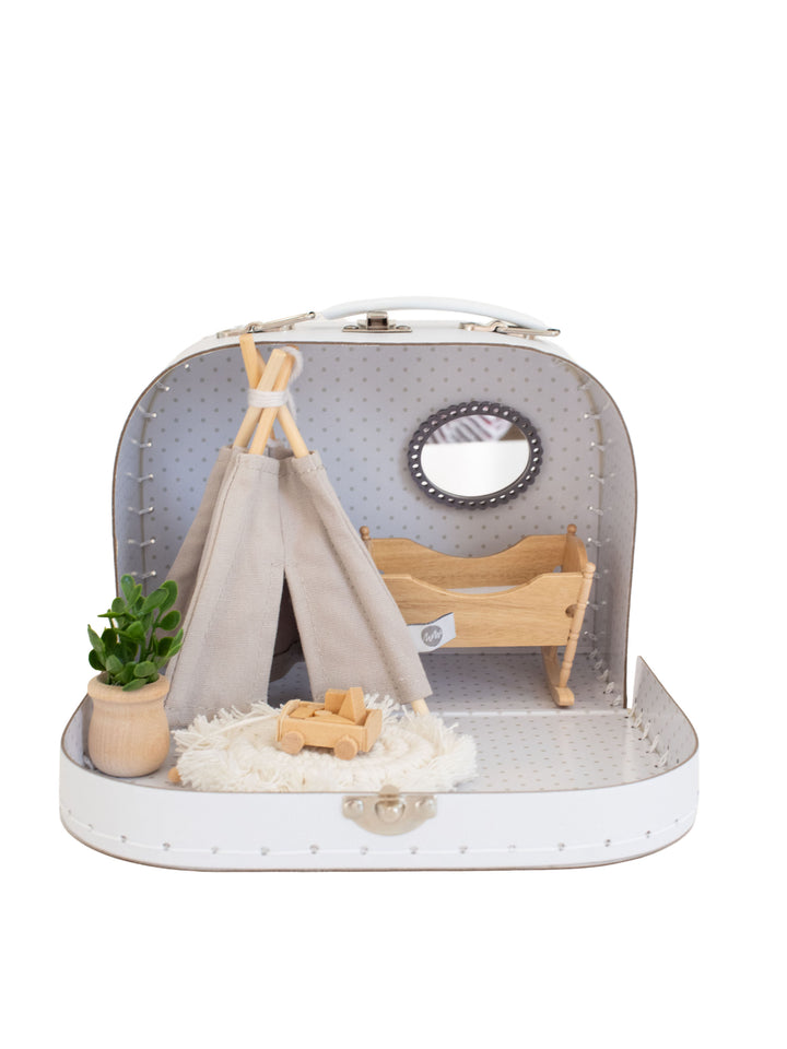 Small Suitcase Traveling Dollhouse Room | White