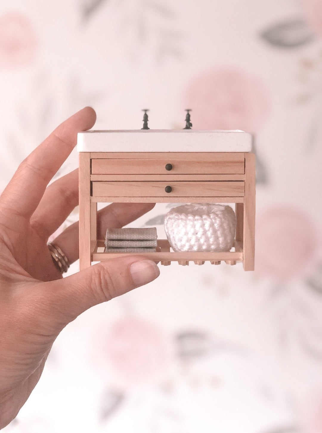 Double Faucet Bathroom Vanity | Natural Wood & White