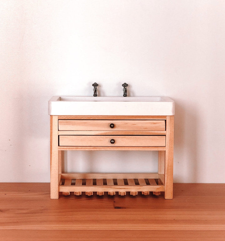Double Faucet Bathroom Vanity | Natural Wood & White