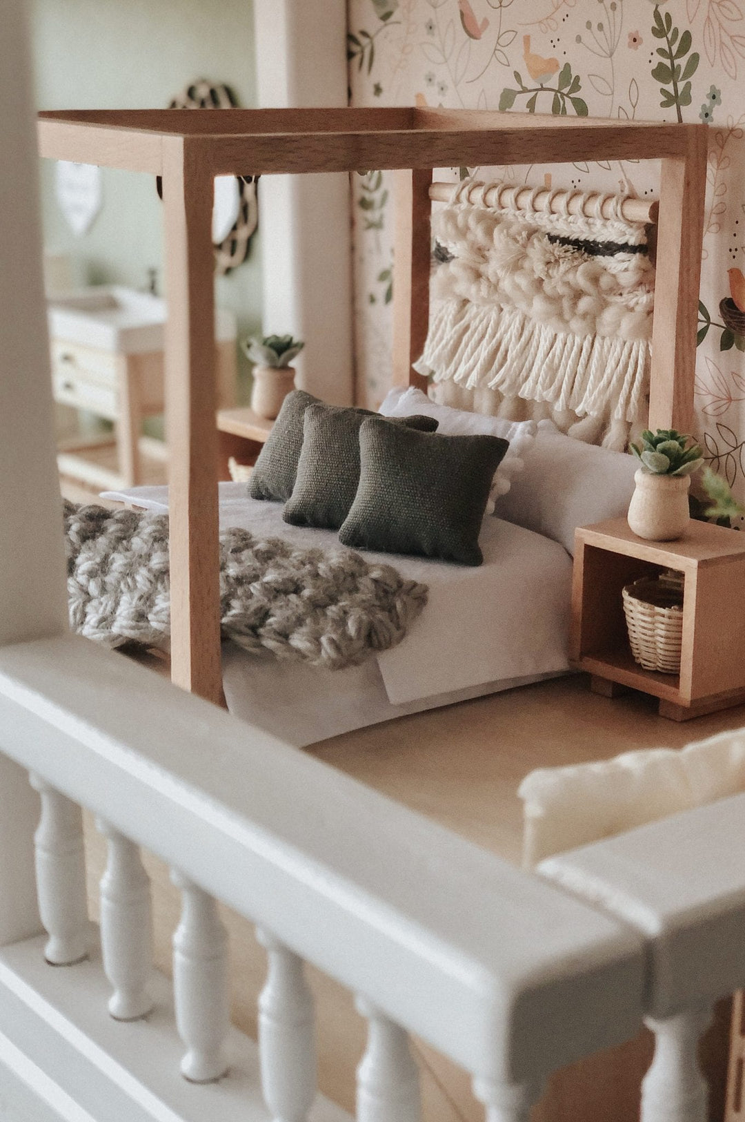 Four Poster Bed + Mattress | Natural Wood