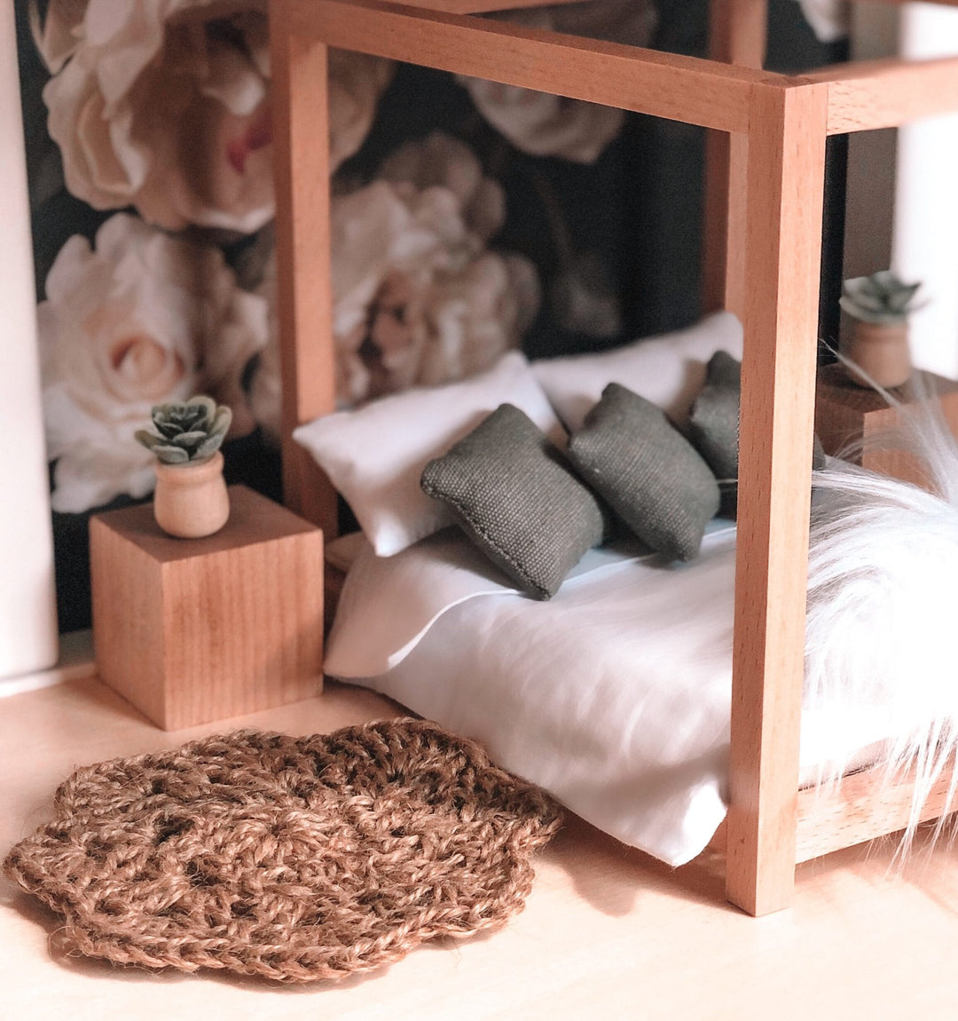Four Poster Bed + Mattress | Natural Wood