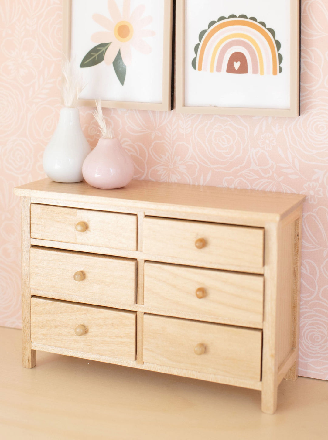 Dollhouse 6 Drawer Short Wide Dresser | Natural Wood Dollhouse 6 Drawer Short Wide Dresser | Natural Wood