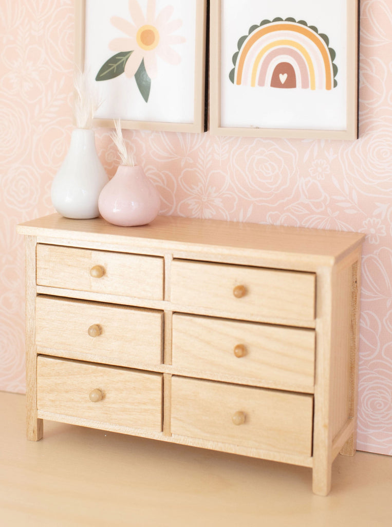 Dollhouse 6 Drawer Short Wide Dresser | Natural Wood | 1:12 Scale  Macy  Mae Designs