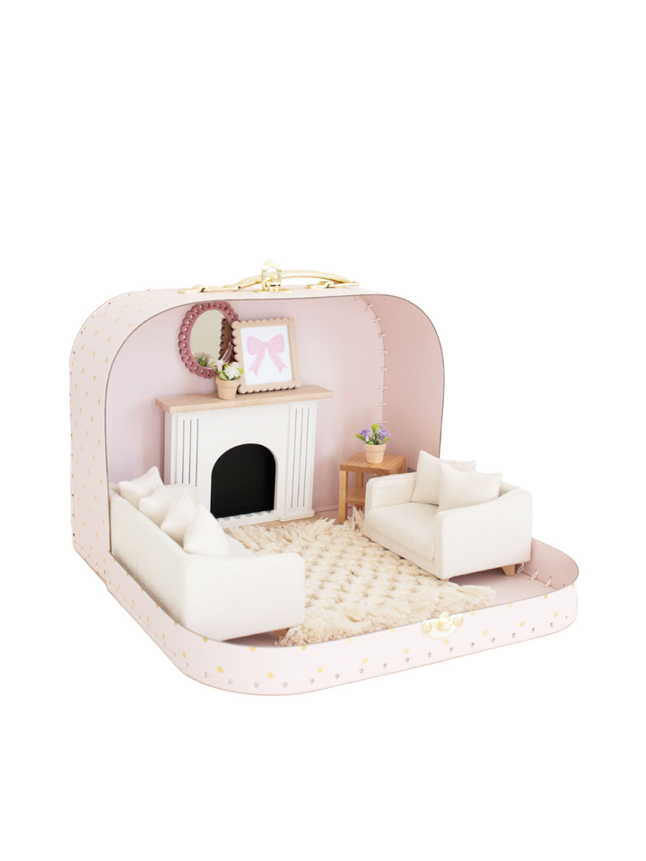 Medium Suitcase Traveling Dollhouse Room | Pink Polka Dot