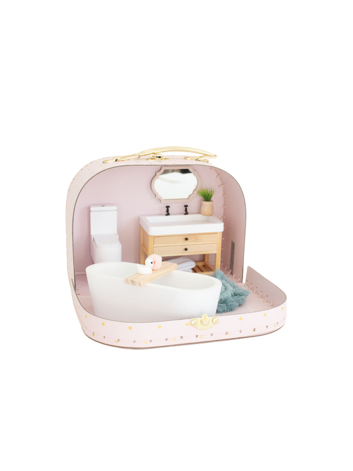 Small Suitcase Traveling Dollhouse Room | Pink Polka Dots