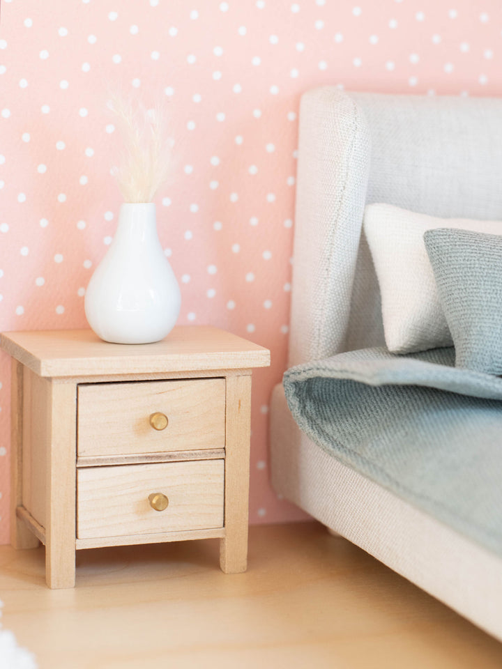 Bedside Table with Drawers | Natural Wood & Gold Knobs