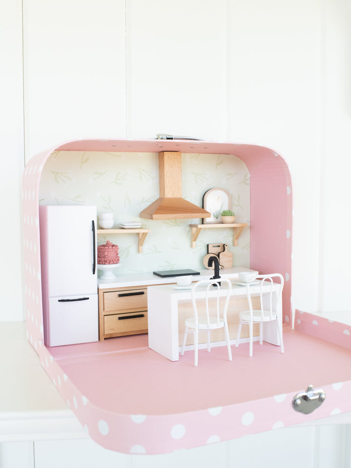 Large Suitcase Traveling Dollhouse Room | Pink Polka Dots