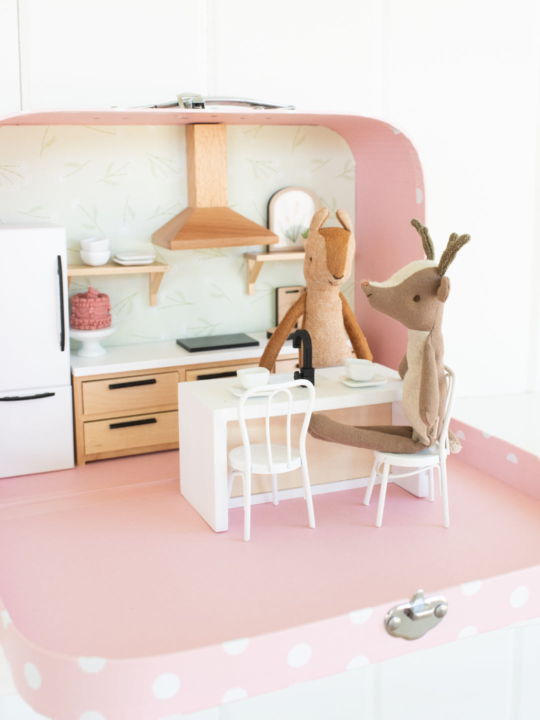 Large Suitcase Traveling Dollhouse Room | Pink Polka Dots